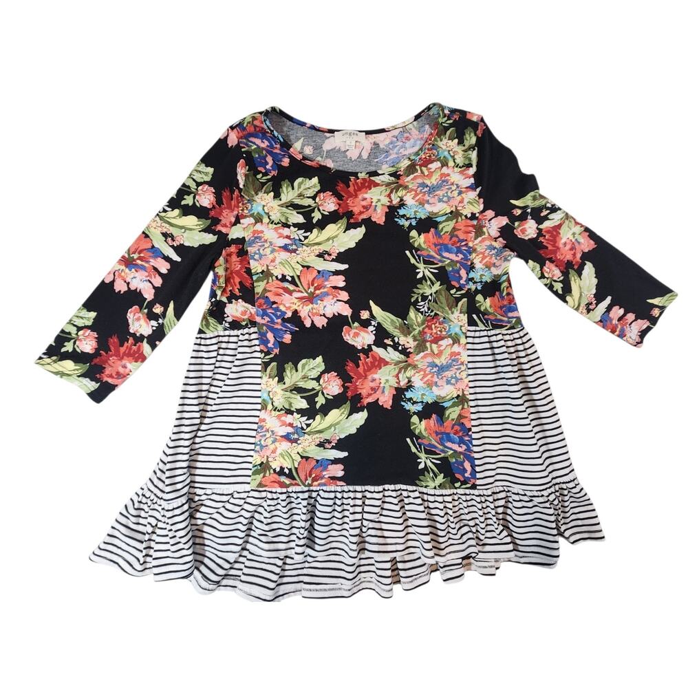 Umgee USA‎ Floral & Striped Ruffle Hem Tunic Top Size Small Boho Boutique